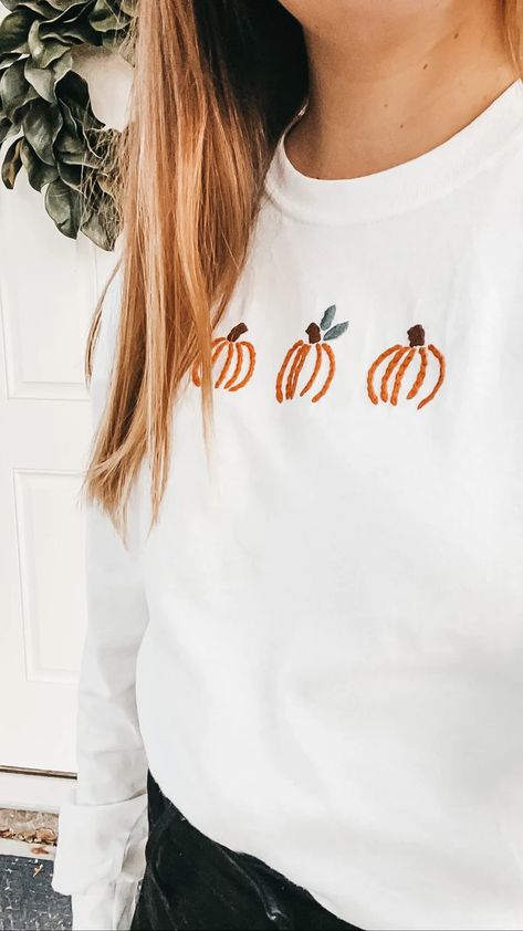 PDF DIGITAL Pattern Pumpkins DIY Thread Unraveled Beginner | Etsy Fall Shirt Embroidery, Pumpkin Embroidery Shirts, Halloween Embroidery Tshirt, Embroidered Pumpkin Sweatshirt, Easy Fall Embroidery Patterns, Halloween Hand Embroidery Sweatshirt, Embroidered Halloween Shirts, Embroidery Ideas For Beginners Clothes, Hand Embroidered Pumpkin