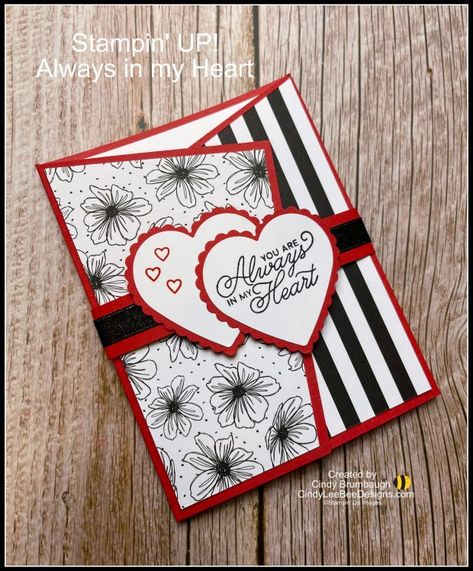 Stampin’ UP! Always in my Heart Angled Tri Fold Card Video Tutorial | Cindy Lee Bee Designs Stampin Up Valentine Fun Fold Cards, Stamped Valentine Cards, Stampin Up Many Hearts Dies Cards, Cards With Hearts Handmade, Special Folds For Cards, Trifold Cards Handmade, Stampin Up Valentine Cards For Men, Stampin Up Folded Cards, Male Valentine Cards