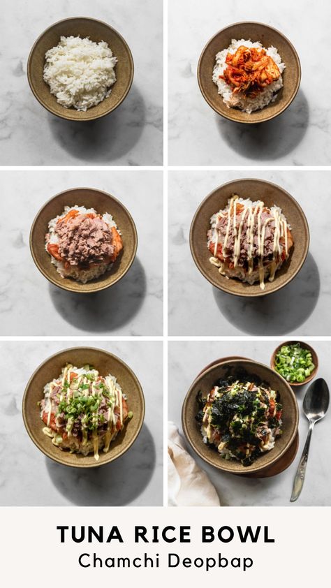 how-to guide for making korean Tuna Rice bowl or chamchi deopbap Rice With Kimchi, Seaweed Rice Bowl, Korean Canned Tuna Recipes, Rice And Tuna Bowl, Korean Tuna Rice Bowl, Canned Tuna Rice Bowl, Tuna Mayo Rice Bowl, Canned Tuna Rice, Korean Tuna Rice