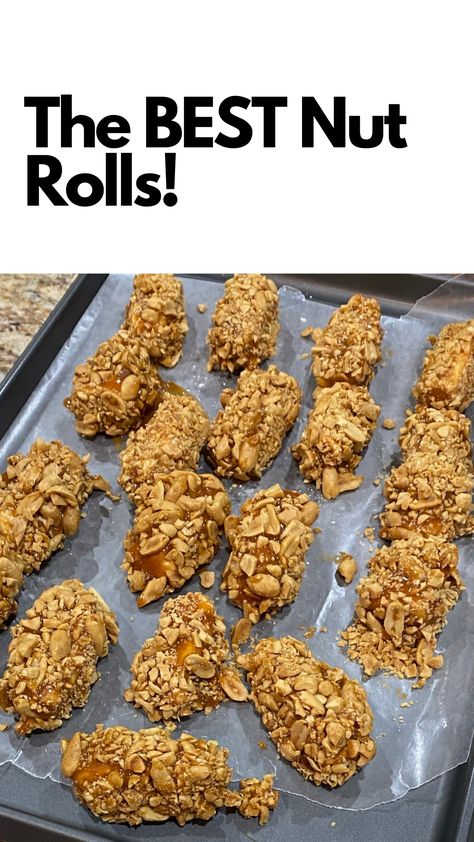 These Gluten Free Nut Rolls offer a salty and sweet snack all in one! A soft chewy middle of a marshmallow cream nugget, a caramel outside that ends with a crunchy outer layer of salted nuts of your choice! 🥜 #saltednutrolls #desserts #greatsnack #chewy #nutrolls #delicious #statefair #homemadeisbest #glutenfree #recipes #celiac #freezethem Gluten Free Nut Roll Recipe, Salted Nut Roll, Small Nut Rolls, Date Nut Candy Roll, Walnut Filling For Nut Roll, Salted Nut Rolls, Nut Roll Recipe, Kraft Caramel Bits, Salted Nuts