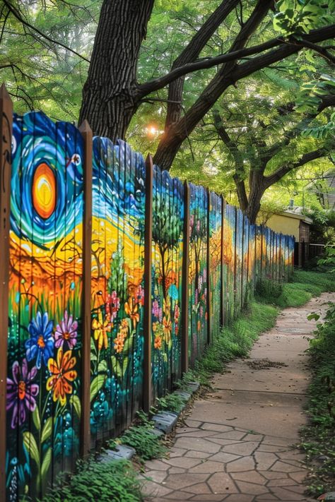 Paint Fence Ideas Backyards, Mural Fence, Fence Mural Ideas, Fence Murals, Privacy Fence Ideas, Garden Fence Art, Hippie House, Wall Charm, Fence Options