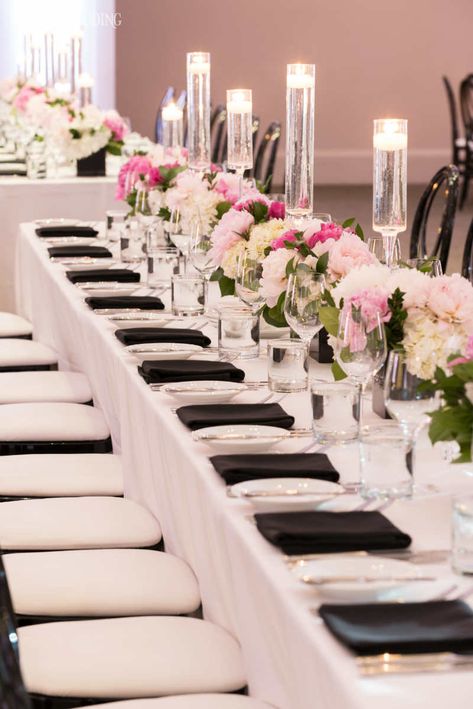 Blush Black Wedding Decor, Blush Pink And Black Wedding Receptions, Black White And Pink Wedding Reception, Wedding Themes Pink, White Gold Pink Wedding, Pink Black White Wedding, Black White Blush Wedding, Pink Black And White Wedding, Black White And Pink Wedding