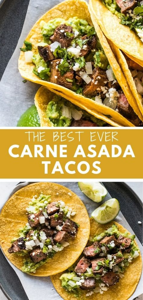 Easy carne asada tacos made from juicy and tender marinated flank steak or skirt steak and topped with diced onions, crumbled cotija cheese and fresh cilantro. These authentic Mexican street tacos are super flavorful and will quickly become a family favorite! Easy Carne Asada, Carne Asada Street Tacos, Asada Street Tacos, Carne Asada Tacos Recipe, Steak Taco Recipe, Taco Recipes Mexican, Carne Asada Marinade, Street Taco Recipe, Isabel Eats