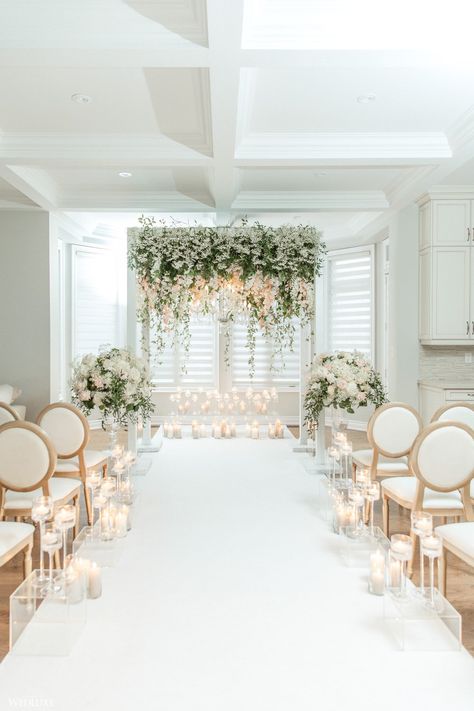 Intimate Wedding with Lush Florals ~ WedLuxe Media Small Wedding Hall, Ceremony Decorations Indoor, Micro Wedding Ceremony, Wedding Ceremony Decorations Indoor, White Wedding Ceremony, Small Weddings Ceremony, Indoor Wedding Ceremonies, Wedding Event Decor, Intimate Wedding Ceremony