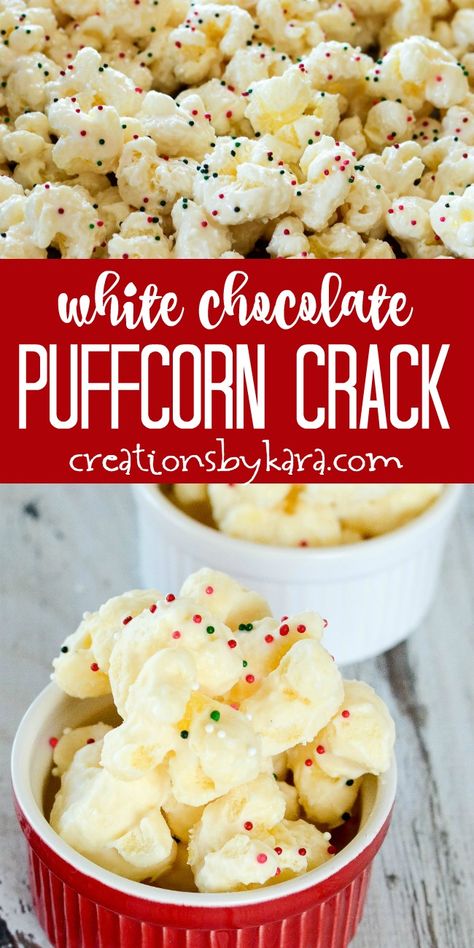 Puffed Corn Recipes, White Chocolate Popcorn, White Almond Bark, Popcorn Treats, Two Ingredient, Chocolate Popcorn, Candy Recipes Homemade, Christmas Candy Recipes, Snack Mix Recipes