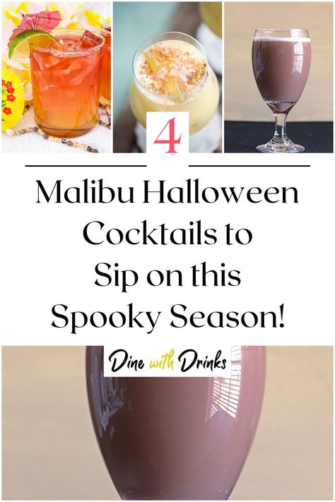 Collage of 4 malibu halloween cocktails. Halloween Drinks With Malibu, Halloween Cocktails With Malibu, Malibu Halloween Drinks, Malibu Rum Halloween Drinks, Cocktail Recipes Malibu, Halloween Party Drinks Alcohol, Malibu Recipes, Cocktails With Malibu Rum, Easy Halloween Cocktails