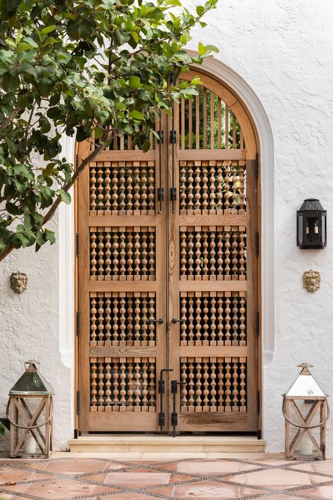 La Claridad — Betsy Shiverick Interiors, Ltd Spanish Double Doors, Spanish Windows, Mediterranean Front Door, Courtyard Doors, Mediterranean Front Doors, Mediterranean Doors, Iron Balcony Railing, Mediterranean Revival, Iron Balcony