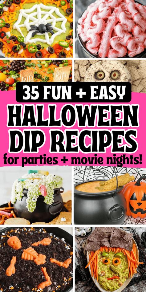 Easy Halloween dips for parties! Fun Halloween themed party dips including savory dip recipes and sweet dessert dips. From gross throw up queso dip and graveyard taco dip to cute halloween dessert dip for kids, you’ll love these easy halloween party appetizers. Cheap potluck ideas for Halloween, easy halloween desserts, halloween crockpot dip, creepy appetizers, adult halloween party food, halloween camping food ideas, simple halloween snacks, halloween charcuterie, spooky dips, movie night ... Halloween Layered Dip, Cheap Potluck Ideas, Cheap Potluck, Spooky Potluck Food, Halloween Dips For Parties, Graveyard Taco Dip, Creepy Appetizers, Savory Dip Recipes, Halloween Dessert Dip