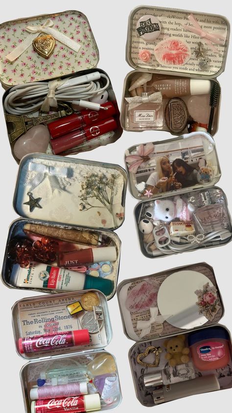 tin boxes Tin Containers Diy, Mint Box Aesthetic, Souvenir Box Ideas, Altoids Tins Ideas, Mini Tin Crafts, Tin Box Wallet, Mint Box Crafts, Tin Box Aesthetic, Altoids Box Ideas Aesthetic