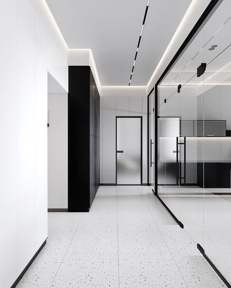 White Black Office Design, Minimalist Corridor Design, Black And White Office Interior, Office Interior Design Modern Luxury, Modern Office Lighting Design, Modern Office Black And White, Modern Interior Design Black And White, Modern Office Design White, Black And White Minimalist Interior