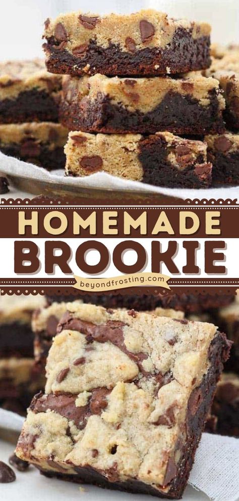 HOMEMADE BROOKIE RECIPE, holiday desserts, baking recipes, thanksgiving, christmas Brookies Recipe Cookie Brownies, Brookie Recipe, Chocolate Chip Cookie Dough Brownies, Brookies Recipe, Chocolate Chip Cookie Brownies, Summer Desert, Cookie Brownies, Tasty Sweets, Bar Desserts