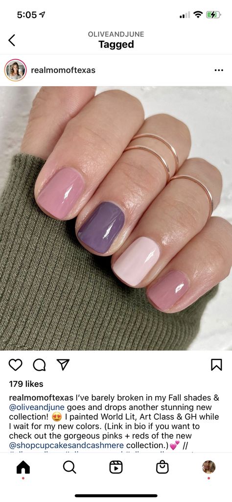 Nail Polish Pairings Color Combos Manicure And Pedicure, Olive And June Nail Polish Ideas, Block Nail Colour, Olive And June Manicure Ideas, Olive And June Color Combos, Spring Multi Colored Nails, Three Color Nail Combinations, Olive And June Nail Ideas, Olive And June Nails