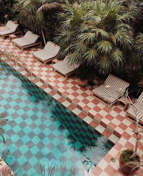 Checkerboard print trend, checkerboard tile pool, Casa Pueblo Tulum Pool Terrace, Sand Sea, Tulum Mexico, Pool Tile, Outdoor Swimming, Hotel Design, Pool Designs, 인테리어 디자인, Tulum