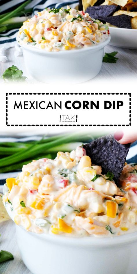 A quick and easy Mexican Corn Dip Recipe made with cream cheese and jalapeños! This is one dangerously delicious, crowd-pleasing party appetizer that's sure to liven up any event! Make it ahead and serve it cold, or serve it right away at room temperature, it's perfect alongside Fritos, tortilla chips, or even fresh veggies for scooping! Mexican Corn Dip Recipe, Easy Mexican Corn, Corn Dip Recipe, Mexican Corn Dip, Corn Dip Recipes, Recipe With Cream Cheese, Mexican Corn, Corn Dip, Cream Cheese Dips