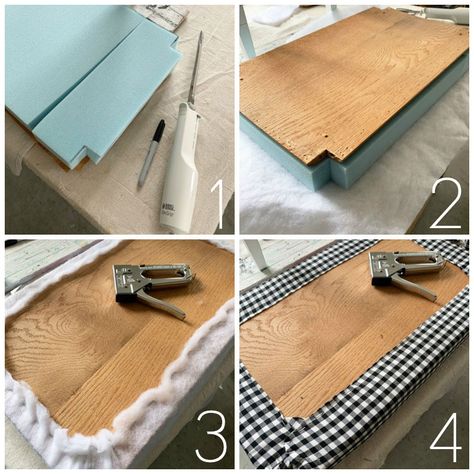 How to add new foam to a bench Reupholster Bench Cushion, How To Reupholster A Bench, How To Reapolstering Bench, Reapolstering Bench Seat, How To Upholster A Bench, Bench Refurbish, Reupholster Bench, Diy Bench Cushion, Dressing Table Bench