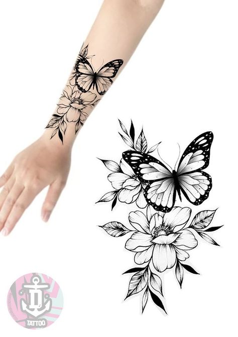 Butterfly Flowers Tattoo, Cryptic Symbols, Lilly Flower Tattoo, Flowers Tattoo Design, Butterfly With Flowers, Rose And Butterfly Tattoo, Ring Tattoo Designs, Butterfly With Flowers Tattoo, Butterfly Tattoo Stencil