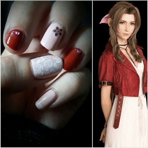 Aerith Gainsborough is one of the main characters in Final Fantasy VII by Square Enix. 🌹Base: Essence (04 bubble TROUBLE), Essie Expressie (180 bolt and be bold) 🌹Stamping-Polish: Born Pretty (Pure), Catrice Brown Collection (04 Unmistakable Style) (it is a "normal" polish, but for the brown flower it fixed perfectly) 🌹Stamping-Plate: Moyra Stamping Plate 31 (Lacelove 2), MoYou London Pro Collection XL (10) 🌹Tools: Little Bow (ordered at 99 Nails) Final Fantasy Nail Art, Final Fantasy Nails, White French Tips, Aerith Gainsborough, Fantasy Nails, Brown Flower, White French, Square Enix, French Tips