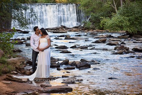 Indian husband holding his pregnant wife by a waterfall, naturalistic maternity, beautiful, love, adoration, nature, natural, joy, romance, peaceful, protection, serene Water Maternity Photos, Outdoor Maternity Shoot, Nursing Photography, Waterfall Photoshoot, Pregnant Pictures, Baby Bump Photoshoot, Maternity Shots, Maternity Photography Poses Outdoors, Pregnancy Photos Couples