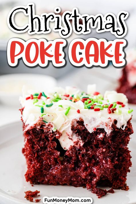 This Christmas Poke Cake is a fun and festive dessert that's perfect for the holiday season. Made with boxed cake mix, white chocolate and a cream cheese frosting, this delicious cake recipe will be the star of your holiday dessert table! Xmas Poke Cake, Christmas Dump Cake Recipes, Christmas Dessert Recipes Baking Easy, Christmas Poke Cake, Easy Christmas Dessert Recipes, Christmas Desserts Cakes, Christmas Dinner Desserts, Holiday Dessert Table, Red Velvet Christmas