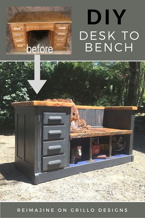 diy desk to bench pinterest Bench Desk, Furniture Desk, Old Desks, Desk Makeover, Diy Bench, Diy Desk, Refurbished Furniture, Shabby Vintage, Furniture Makeover Diy