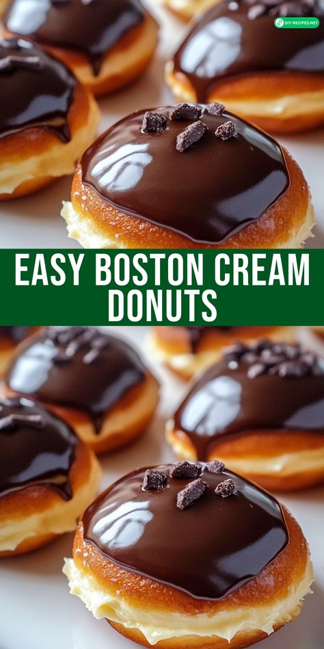 Whip up these easy Boston Cream Donuts at home! A perfect blend of creamy custard filling and smooth chocolate glaze – ideal for any occasion. Gluten Free Boston Cream Donut, Boston Cream Recipes, Donut Cream Filling Recipe, Cream Filled Donut Recipe, Doughnut Filling Recipe, Boston Cream Donut Recipe, Home Made Donuts Recipe, Boston Cream Filling, Boston Cream Doughnut Recipe