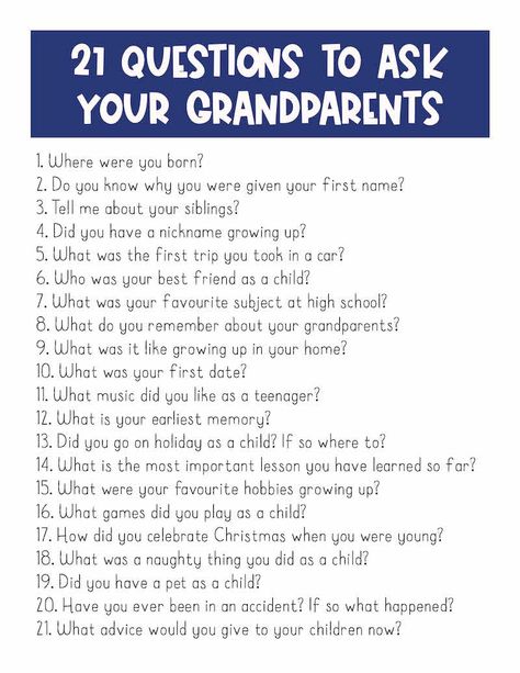 21 Questions to ask your grandparents - build your relationship with your grandparents and give grandma the gift of time. Grandparent Memory Ideas, Grandparent Memory Book, Grandma Journal Ideas, Grandparents Day Interview Questions, Questions For Grandma, Things To Ask Your Grandparents, Question To Ask Your Grandparents, Question To Ask Your Mom, What To Do With Your Grandma