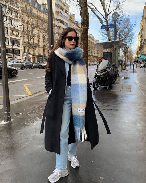 5 Outfits French Women in Paris Wear With Sneakers | Who What Wear Winter Paris Outfits, Women In Paris, Acne Studios Scarf, Jeans And Sneakers Outfit, How To Wear Sneakers, Sneaker Outfits Women, Fashion Forward Outfits, Scarf Outfit, Fresh Outfits