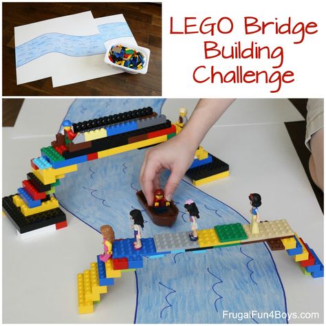 Do a LEGO Bridge Building Challenge! – Frugal Fun For Boys and Girls Lego Stem Activities, Lego Bridge, Lego Camp, Building Challenge, Lego Challenge, Lego Club, Lego Activities, Lego Games, Lego Toys