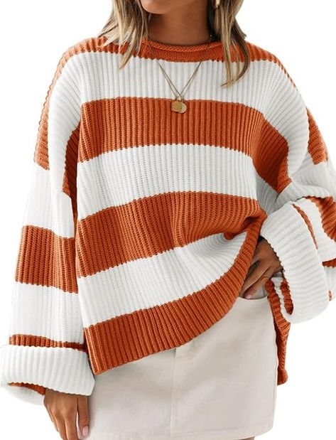 ZESICA Women's 2024 Fall Long Sleeve Crew Neck Striped Color Block Comfy Loose Oversized Knitted Pullover Sweater,Orange,X-Large at Amazon Women’s Clothing store Fall Transition Outfits, Oversize Pullover, Pull Oversize, Tight Sweater, Winter Pullover, Trendy Winter, Transition Outfits, Estilo Chic, Oversized Pullover