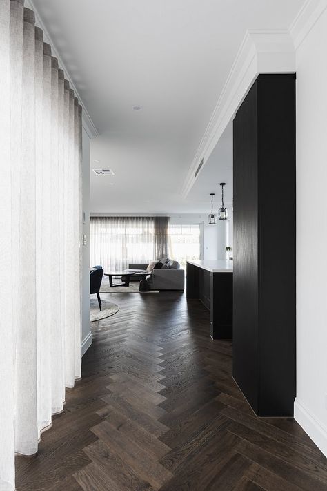 Woodpecker Flooring, Dark Herringbone Floor, Dark Timber Floors, Dark Oak Flooring, Oak Parquet Flooring, Summer Hill, Herringbone Wood Floor, Dark Floors, Black And White Interior