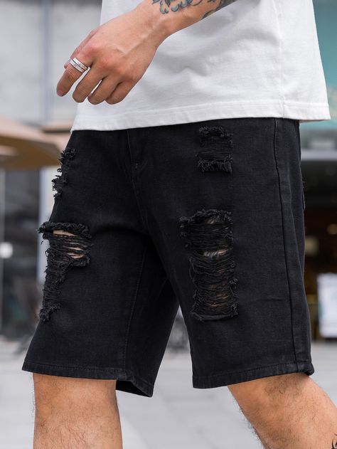 Black    Denim Plain Straight Leg Embellished Non-Stretch  Men Denim Black Denim Shorts Outfit, Black Jean Shorts Outfit, Denim Pants Outfit, Black Denim Pants, Jean Short Outfits, Denim Shorts Outfit, Mens Shorts Outfits, Pants Outfit Men, Mens Denim Shorts