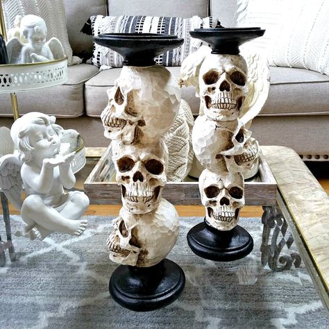 New And The Only Pair I Have Of This Solid Heavy Resin Pair Of Candle Holders. Holds Votives Or Pillars With Ease Or Use As Risers And Place Seasonal Pieces On Top. Each Is So Detailed. Place On A Mantle, Buffet, Entry, Dining Table And More. Each Measures 4" X 4" X 14" Tall. A Must Add To Any Spooky Elegance Decor. Weighty After Boxing And Packing Cannot Be Bundled. There Is A 5 Lb Max Limit After Packing Materials And Box For 7.97 Shipping Rate. Price Reflects Packing Materials Such As A Movin Dark Esthetics, Dark Halloween Decor, Skull House, Horror Room, Gothic Kitchen, Halloween Skulls, Miniature Halloween, Halloween Party Dinner, Dark Home Decor