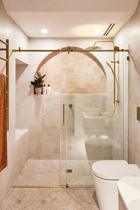 Niche In Wall, Small Shower Room Ideas, Arched Niche, The Block 2023, Sliding Shower Screens, Studio Bathroom, Small Ensuite, Kids Bathrooms, Ensuite Design