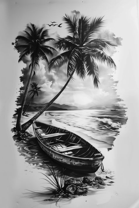 tattoo design, beach scene with boat and palm trees, sunset in distance, photograph, black and white, photorealistic --v 6 Palm Tree Tattoo Design Drawing, Island Theme Tattoo, Beach Tattoo Black And White, Ocean Scenery Drawing, Forest Tattoo Stencil Outline, Palms Tattoo Ideas, Long Beach Tattoo Idea, Palm Tree Beach Tattoo Design, Palm Tree Beach Tattoos