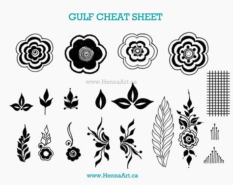 Gulf designs seem to be the trend this year. This blog post features a cheat sheet of various gulf elements. HennaArt.ca: Gulf Cheat Sheet Henna Practice Sheet, Gulf Henna Designs, Henna Elements, Mehendi Practice, Mehendi Patterns, Mehndi Practice, Henna Practice, Henna Flowers, Henna Inspiration