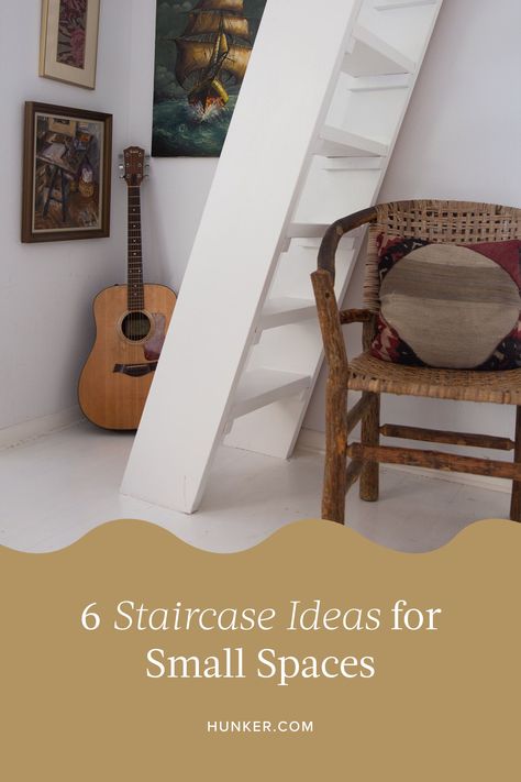 With careful planning, some creativity, and a bit of foresight, you can incorporate stairs for small spaces that maximize square footage AND add to your overall design. Check out these six inspiring, cozy interiors with attractive and practical staircase solutions. #hunkerhome #staircase #smallspaces #staircaseideas #stairs Small Attic Staircase, Smart Stairs Ideas, Small Curved Staircase, Narrow Steep Staircase Ideas, Small Footprint Staircase, Steep Staircase Ideas, Spacesaver Stairs, Stairs Small Space, Staircase For Small Spaces