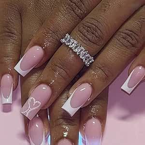 French Tip Nails Manicure, Pink Nails With Bow, Nail Art French Tip, Nails Medium Square, Baby Shower Nails, Nail Art French, Princess Nails, Pink Press On Nails, Nails Press Ons