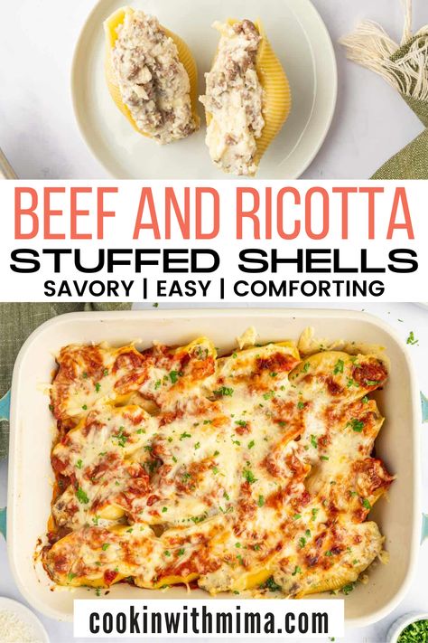 These Beef and Ricotta Stuffed Shells are amazing! Every bite is delicious savory goodness. The pasta shells are generously filled with seasoned ground beef, creamy ricotta, and gooey mozzarella, and then they’re covered in a mouthwatering sauce and more cheese before they’re baked to perfection. Try out this amazing dish today! Creamy Ricotta Beef Stuffed Pasta Shells, Creamy Ricotta Beef Stuffed Shells Pasta, Creamy Ricotta Beef Stuffed Shells, Stuffed Shells Ground Beef, Ricotta Cheese Stuffed Shells, Beef Stuffed Shells, Lasagna Stuffed Shells, Easy Stuffed Shells, Ricotta Stuffed Shells