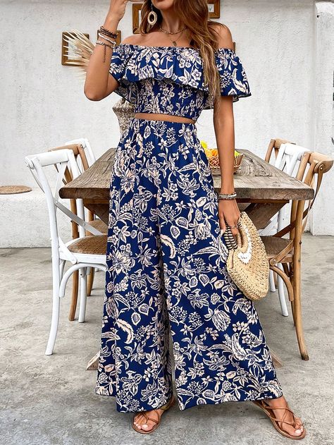 Top And Wide Leg Pants, Off Shoulder Crop Top, Pantalon Large, Shoulder Crop Top, Boho Floral, Two Piece Outfit, Maternity Bag, Women Clothes Sale, Leg Pants