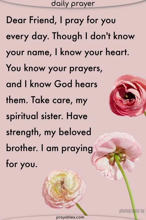 Dear Friend, I pray for you every day. Though I don't know your name, I know your heart. You know your prayers, and I know God hears them. Take care, my spiritual sister. Have strength, my beloved brother. I am praying for you.  *Prayers for others in needs are necessary in your daily devotionals.  Pray for the stranger. Pray often. Pray now! this prayer written and designed by prayables.com Pray For Your Friends, Prayer For Others, Prayers For Others, Always Pray, Short Prayers, Know Your Name, The Stranger, Blessed Quotes, Prayer For You