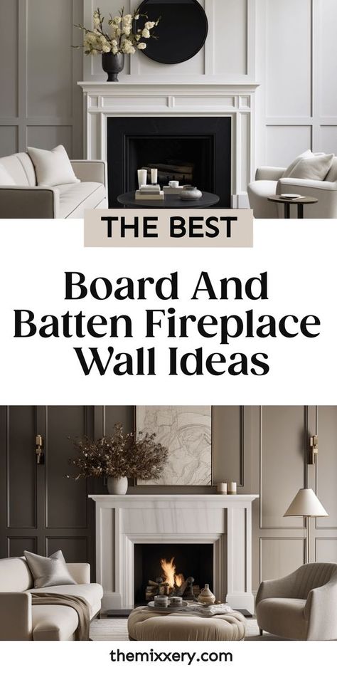 Update your living room with a stunning board and batten fireplace wall. Transform your space with the timeless and elegant combination of board and batten, creating a striking focal point that will surely impress. Whether you prefer a sleek modern look or a cozy rustic feel, there is something for everyone in these board and batten fireplace designs. Add character to your home with a stylish board and batten fireplace surround or create warmth by incorporating stone accents. Board And Batten Living Room Fireplace, Fireplace With Board And Batten Wall, Family Room Focal Wall Ideas, Board And Batten Wall Pitched Ceiling, Board And Batten Around Fireplace, Stone Accent Wall Living Room, Fireplace Board And Batten, Batten Fireplace Wall, Accent Wall Above Fireplace