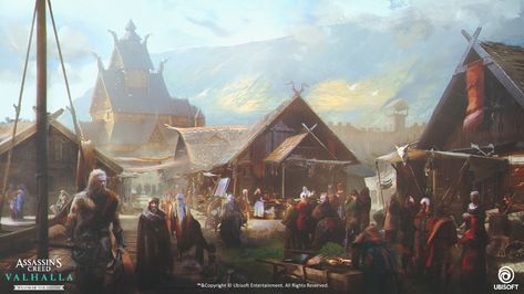 Celtic Fantasy Art, Big Illustration, Viking Aesthetic, Assassins Creed Artwork, Viking Village, Fantasy Village, Environment Painting, European Village, Roman Britain