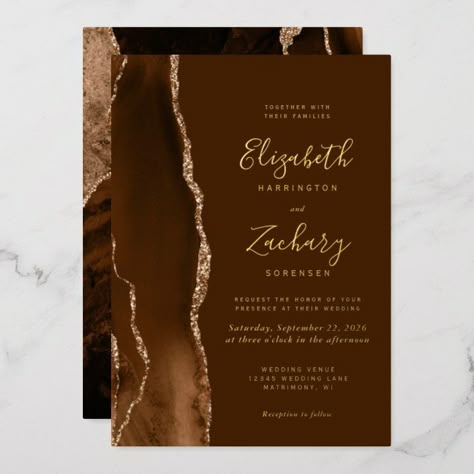 Dark Wedding Invitations, Chocolate Brown Wedding, Brown Wedding Themes, Gold Black Wedding, Brown Invitation, Brown Wedding Invitations, Brown Watercolor, Bronze Wedding, Elegant Modern Wedding