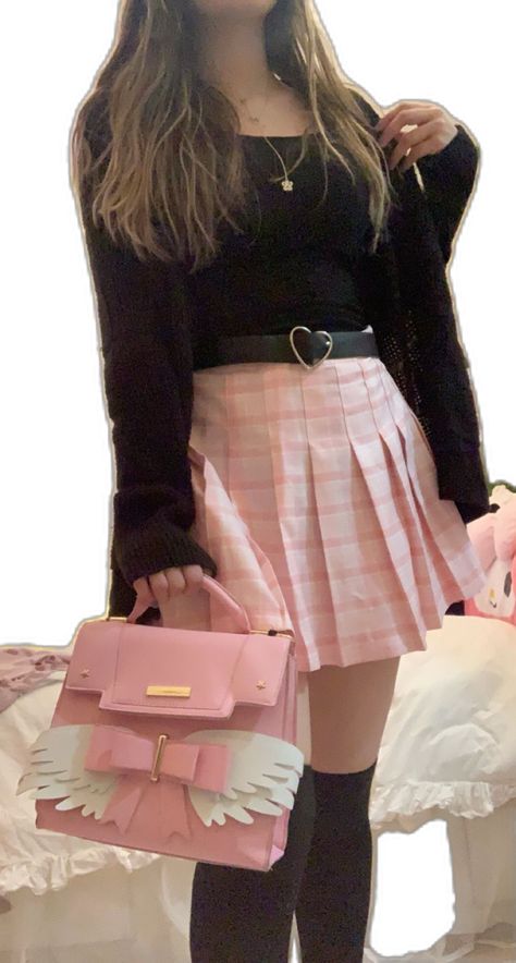 How To Style Pink Skirt Aesthetic, Black And Pink Skirt Outfit, Pink And Black Plaid Skirt Outfit, Pastel Pink Skirt Outfit, Plaid Pink Skirt Outfit, Cute Pink And Black Outfits, Pink Edgy Outfits, Faldas Rosas Outfit, E Girl Outfits Pink