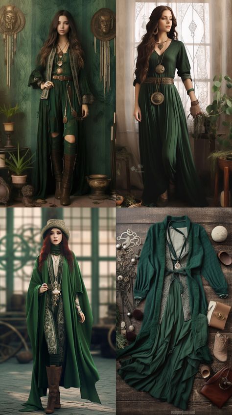 Fantasy Dress With Pants, Green Witchy Dress, Celtic Witch Outfit, Druidess Costume, Earth Witch Fashion, Elven Clothing Women, Womens Fantasy Clothes, Renfaire Costume Women Fairy, Elven Outfits Female