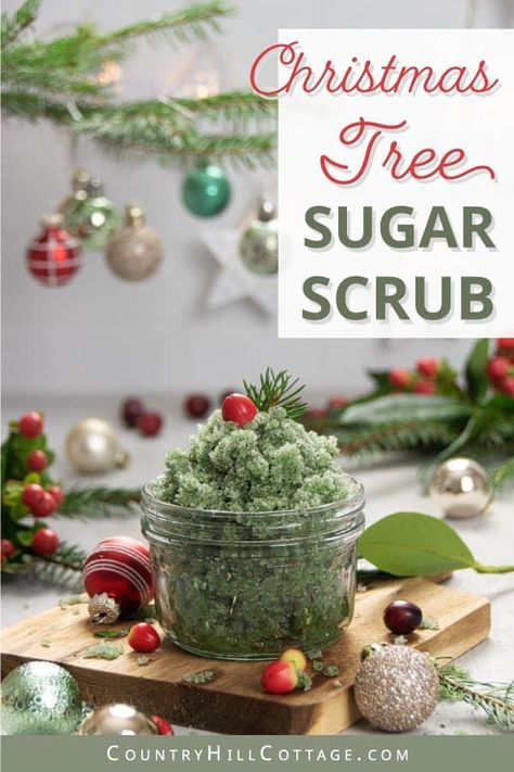 How to make easy homemade Christmas tree body scrub recipe with woodsy essential oils. The easy DIY coconut oil sugar scrub has many skincare benefits, perfect for exfoliating and glowing skin. The simple natural moisturizing pine sugar scrub is an affordable handmade Holiday gift idea. With tips for storage, how to use, packaging ideas in mason jars and free printable labels. Great for legs, feet, hands and lips. #sugarscrub #Christmasgift #bodyscrub #gift #exfoliation | CountryHillCottage.com Easy Treats For Christmas Gifts, Diy Body Scrub Christmas Gift, Diy Christmas Body Scrubs, Diy Self Care Christmas Gifts, Cranberry Crafts Christmas, Diy Christmas Sugar Scrub, Christmas Hand Scrub, Christmas Body Scrubs, Christmas Sugar Scrub Diy