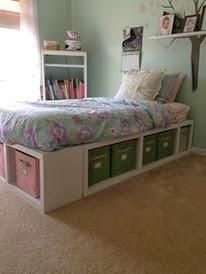 Twin Bed Made From Storage Cubes, Storage Cube Bed Frame Twin Diy, Twin Bed With Cubby Storage, Raised Bed With Storage Underneath Diy, Cube Storage Under Bed, Twin Storage Bed Diy, Kallax Single Bed, Xl Twin Bed Ideas, Diy Twin Bed Frame With Storage