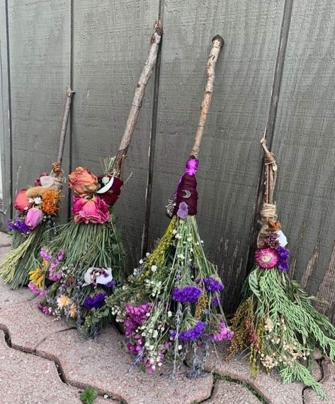 Wiccan Crafts, Pagan Crafts, Fairy Garden Crafts, Flower Moon, Witchy Crafts, Witch Broom, Witch Decor, Deco Floral, Rustic Garden Decor