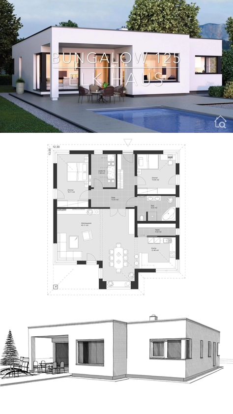 One Floor House Plans, Flat Roof House, Eksterior Modern, Modern Architecture Design, Modern Bungalow House, House Plan Gallery, Farmhouse Barndominium, Sims House Plans, House Construction Plan