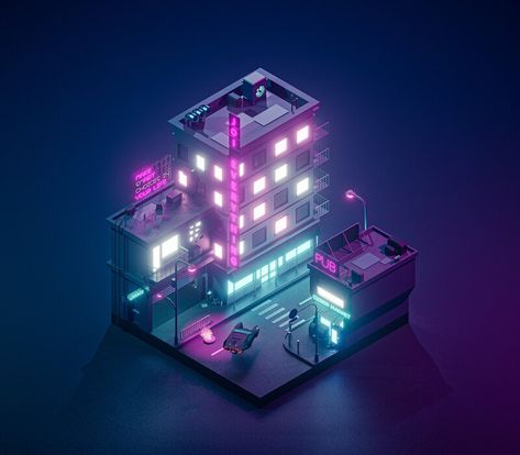 Cyberpunk Blender, Low Poly Cyberpunk, Futuristic Building Concept Art, Futuristic City Concept Art, Cyberpunk City Concept Art, Cyberpunk Diorama, Low Poly Sci Fi, Illustrator Isometric, Low Poly Isometric